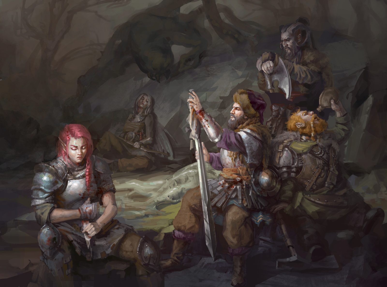 An adventuring party takes stock after battle